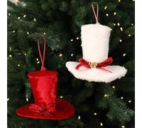 Chapeaux de décoration de Noël 14,5 cm avec cloches et rubans | Lot de 4 pièces, 2 peluches blanches, 2 rouges pour velours, cloches dorées, rubans rouges, accroche-regard festif