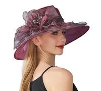 Chapeaux de mariage en organza à large bord pour femme - Chapeau de plage d'été élégant - Protection solaire - Kentucky - Pour fête de thé - Bibi Derby, bordeaux, Taille unique