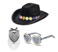 Chapeaux de mariée en cristal écharpe panama chapeau écharpe lunettes de soleil ensemble pour cocktail, vacances, pompons, comédien, cowgirl chapeau pour filles, tout noir, taille unique