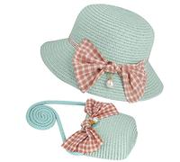 Chapeaux de Paille Filles et Petit Sac Ensemble avec Décoration Bowknot Chapeau de Soleil d'été Enfant pour Plage Voyage Randonée (Verte Menthe)