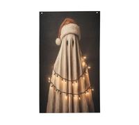 Chapeaux de Père Noël, fantôme, lumières sombres académiques, drapeaux de cour, maison, bannière de vœux avec œillets, décoration d'intérieur et d'extérieur