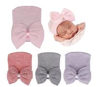 Chapeaux d'hôpital pour Nouveau-né, 4 pièces, pour bébé Fille et garçon de 0 à 3 Mois, Casquette Douce et Mignonne avec Grand nœud