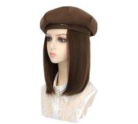 Chapeaux pour femmes, chapeaux de mode avec perruq Stylish Women's Beret Hat Wig - Short Straight Hair in Black, Coffee, and Beige - Synthetic Hair Extensions for Fashionable Looks(Coffee Hat+Brown)