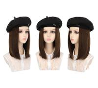 Chapeaux pour femmes, chapeaux de mode avec perruq Stylish Women's Beret Hat Wig - Short Straight Hair in Black, Coffee, and Beige - Synthetic Hair Extensions for Fashionable Looks(Black hat+brown)