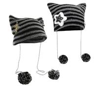 Chapeaux Tricotés À Oreilles De Chat 2 Pièces, Chapeaux De Pull en Boule De Fourrure Mignons, Chapeaux À Rayures À La Mode pour Femmes, Chapeaux Chauds d'hiver, Accessoires Gothiques