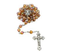 Chapelet avec pierre de naissance | Perles irisées multi-facettes avec médaille centrale argentée et crucifix | Excellent cadeau catholique pour première communion et confirmation, Plastique, Pas de gemme