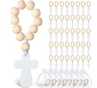 Chapelet catholique 40 pièces avec Pendentif Croix Blanche, Perles en Bois Naturel, Sac de Rangement en Maille Inclus - Bois Blanc et Naturel, Chapelet 15, 2 x 10, 2 cm