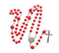 Chapelet catholique avec perles en forme de cœur rouge et pendentif en forme de figurine sacrée - Chaîne en acier inoxydable durable, design élégant pour la dévotion religieuse | Parfait pour un usage