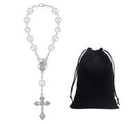 Chapelet Catholique de Voiture pour Rétroviseur Intérieur, Décoration Voiture avec Saint Christophe et Croix, Accessoire Voiture Intérieur, Pendentif Voiture Rétroviseur, Blanc et Noir 7x9cm