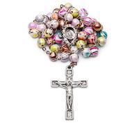 Chapelet catholique multicolore en perles d'arlecchino de 0,8 cm avec une pièce maîtresse décorée Notre Dame de la Douleur, verre, étain, sans pierre précieuse, Perle, Pas de gemme