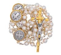 Chapelet catholique nacré avec médailles | Saint Benoît, Saint François, Saint Michel, cœur sacré ou notre Dame de Guadalupe | Excellent cadeau pour première communion et confirmation, Pas de gemme