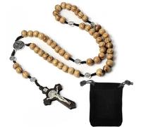 Chapelet catholique, Perles de Prière en Bois Naturel avec Croix Médaille Jésus Christ Saint Benoît, pour Chrétiens Catholiques Communion Religieuse, Baptême, Messe, Bible（Couleur du bois）