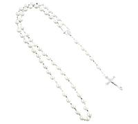 Chapelet catholique pour femme, perles synthétiques, collier long avec croix blanche, chaîne en alliage de métal avec pompon fait main, design unisexe pour cérémonies religieuses et prières