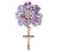 Chapelet catholique rose et bleu Bénit pendant l'Angelus du pape Parfait pour femmes et hommes En verre panaché sur chaîne laiton plaqué or