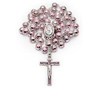 Chapelet catholique Sacré Cœur de Jésus Alliage plomb-étain, perles argentées et fleurs roses - Cadeau parfait pour homme et femme du Vatican
