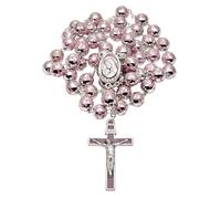 Chapelet catholique Sacré Cœur de Jésus Alliage plomb-étain, perles argentées et fleurs roses - Cadeau parfait pour homme et femme du Vatican