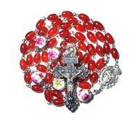 Chapelet chapelet en forme d'olive en verre artificiel rouge avec croix catholique, 26.8“, Alliage de zinc, Sans pierre précieuse