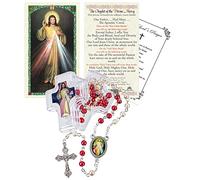 Chapelet de la miséricorde divine - Carte de prière, chapelet de la miséricorde divine avec centre de table, perles rouges et blanches, crucifix de Jésus-Christ, étui, carte de prière du Seigneur |