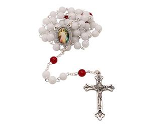 Chapelet de la miséricorde divine | Perles blanches et rouges avec un crucifix argenté et une image de la miséricorde divine en couleur | Excellent cadeau catholique pour la première communion, la
