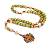 Chapelet de prière orthodoxe en bois vert et naturel avec pendentif croix de Jérusalem, bijou religieux, 29 Centimeters, Bois Bois Fil de coton, Pas de gemme