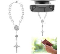 Chapelet de voiture pour rétroviseur avec Saint Christophe et Crucifix en argent avec fermoir Cadeau de conducteur Perles de prière pour rétroviseur intérieur de voiture Pare-soleil Talisman