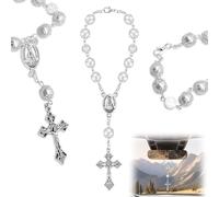 Chapelet de voiture pour rétroviseur - Décoration chrétienne - 19 cm - Chapelet chrétien pour voiture - Chapelet chrétien avec Saint Christophe et crucifix en argent avec fermoir - Idée cadeau pour