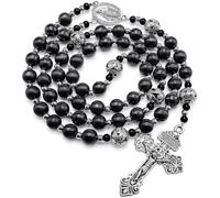 Chapelet en hématite pour homme, perles noires, perles de prière catholiques, collier en acier inoxydable avec nœud, médaille miraculeuse, croix du Notre Père, cadeau spirituel
