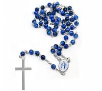 Chapelet en perles de verre bleu avec perles imprimées de 0,24 et croix, 20,5 pour prière, méditation et cadeaux
