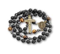 Chapelet en pierre de lave noire pour homme, chapelet catholique avec médaille de saint et croix, perles œil de tigre jaune, collier solide en forme de croix dans un coffret cadeau portable, 52 cm