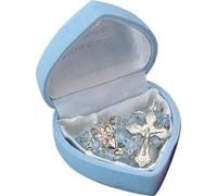 Chapelet en verre rose ou bleu dans une boîte en forme de cœur assortie avec carte « How to Prayer The Rosaire » (ronde bleue)