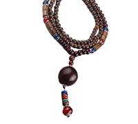 Chapelet ethnique fait à la main avec perles en bois - Collier unique en perles de bois - Longueur réglable