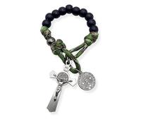 Chapelet Militaire Olive Paracord à Une Décade Perles Noires Chapelet de Poche Voiture Protection Médaille Saint Benoît et Crucifix 28
