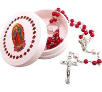 Chapelet Notre Dame de Guadalupe avec perles en verre blanc et perles de prière du Seigneur des Roses, croix en métal dans un étui de protection