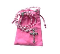 Chapelet perles roses et fleurs,Rosaire Terre Sainte Jérusalem Vierge Marie dans sa pochette cadeau en velours rose, Fêtes chrétiennes,Communion,Baptême, Anniversaire,Naissance,Protection,Voiture,Noel