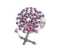 Chapelet Première Communion Perles Blanches 6 mm Médaille Calice & Crucifix Argentés Saint Michel & Ange Gardien Coffret Métal HIS 49