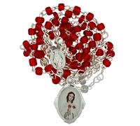 Chapelet rose mystique | Rosa Mystica | Chaîne argentée et perles de verre rouges | Comprend une carte de prière espagnole | Excellent cadeau catholique pour la première communion et la confirmation