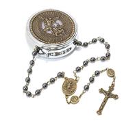 Chapelet Saint Michel, collier de perles en pierre d'hématite, perles de gloire en métal, médaille et croix de l'archange avec boîte cadeau en métal (Bronze | Jésus Croix)