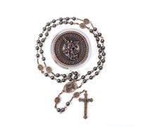 Chapelet Saint Michel, collier de perles en pierre d'hématite, perles de gloire en métal, médaille et croix de l'archange avec boîte cadeau en métal (Cuivre | Jésus Croix)