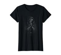 Chapelet Sainte Mère Marie Symbole de Prière Catholique T-Shirt Graphique avec Valeur, Femme, Noir, M