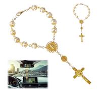 Chapelet Voiture, Porte Bonheur Voiture, avec Une Croix, Ornements de Voiture, Chaîne de Prière, ne Gêne Pas la Visibilité Pendant la Conduite, Idéal comme Cadeau pour Les Amis et la Famille (Doré)