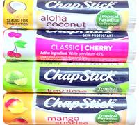 Chapstick Tropical Paradise Collection Mango Sunrise, Key Lime, Aloha Coconut With Chapstick Classic Cherry by Chapstick