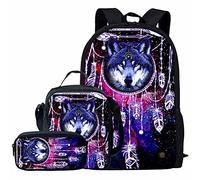 Chaqlin Animal Wolf School Sac à Dos Lot de 3, Attrape-rêves Wolf Cartables + Boîte à Lunch + Étui à Crayons pour garçons Cadeaux pour Adolescents de l'élémentaire Grands Sacs à Dos Sac à Dos