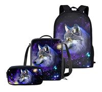 chaqlin Blue Galaxy Wolf Ensemble de Sacs d'école pour garçons et Filles, Paquet de 3 Wolf Sacs à Dos d'école Sac à Dos décontracté + boîte à Lunch + étui à Crayons pour Enfants