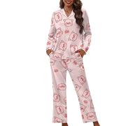 Chaqlin Ensemble pyjama pour femmes mignon, vêtements de détente à domicile, ensemble de 2 pièces, pyjama à manches longues, vêtements de nuit boutonnés, Cochon - Rose, M