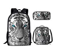 chaqlin garçon Fille Animal Cartable Set, 3 en 1 Tigre Blanc école Sac à Dos Grand Set Crayons,Sac Lunch, de Jour décontracté pour Les Enfants Voyage Taille unique