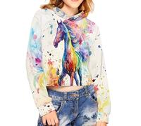 chaqlin Haut court à manches longues Hoddie pour filles - Pull à capuche mignon pour enfants de 5 à 14 ans, Cheval aquarelle., 11-12 ans