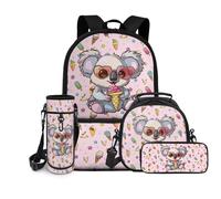 chaqlin Lot de 4 sacs à dos pour écolière, sac à déjeuner, trousse à crayons pour garçons, boîte à déjeuner, sac de transport de bouteille d'eau pour voyage, randonnée, camping, Koala à la crème