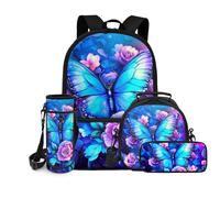 chaqlin Lot de 4 sacs d'école pour filles - Sac à déjeuner isotherme de grande capacité - Petite trousse de transport pour bouteille d'eau - Sac d'école pour voyage, randonnée, camping, Motif floral
