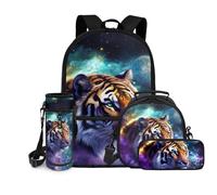 chaqlin Lot de 4 sacs d'école pour filles - Sac à déjeuner isotherme pour enfants - Grande capacité - Avec compartiments, Galaxy Tiger, Ensemble cartable