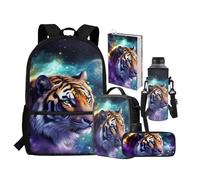chaqlin Lot de 5 petits sacs à déjeuner isothermes pour garçons - Trousse à crayons - Sac de transport de bouteille d'eau - Housse de livre amusante - Ensemble Rusksack, Galaxy Tiger, Ensemble